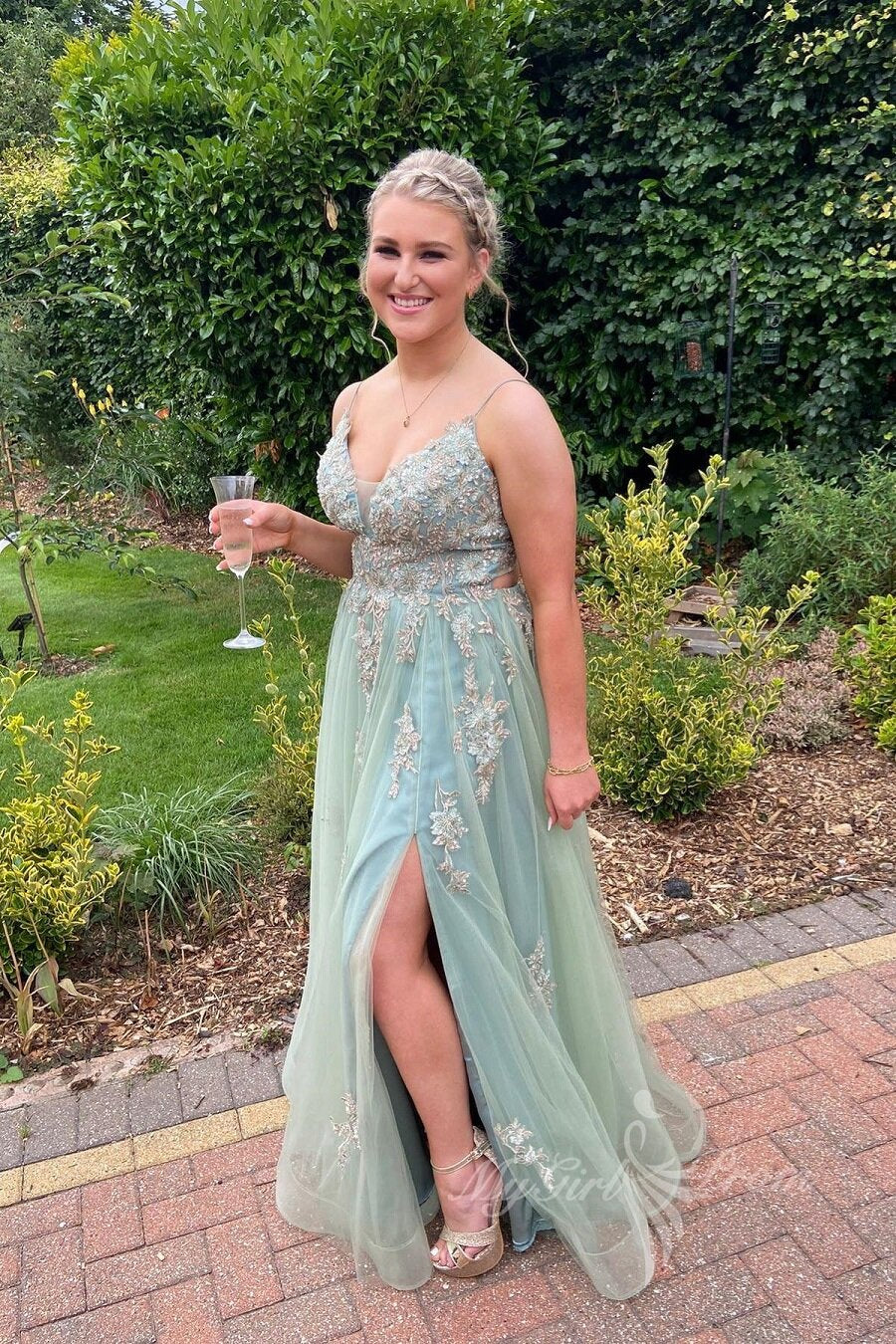 A-line Sleeveless Appliques Green Long Prom Dress, Slit Graduation Gown GP476