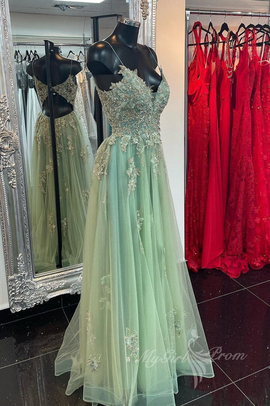 A-line Sleeveless Appliques Green Long Prom Dress, Slit Graduation Gown GP476