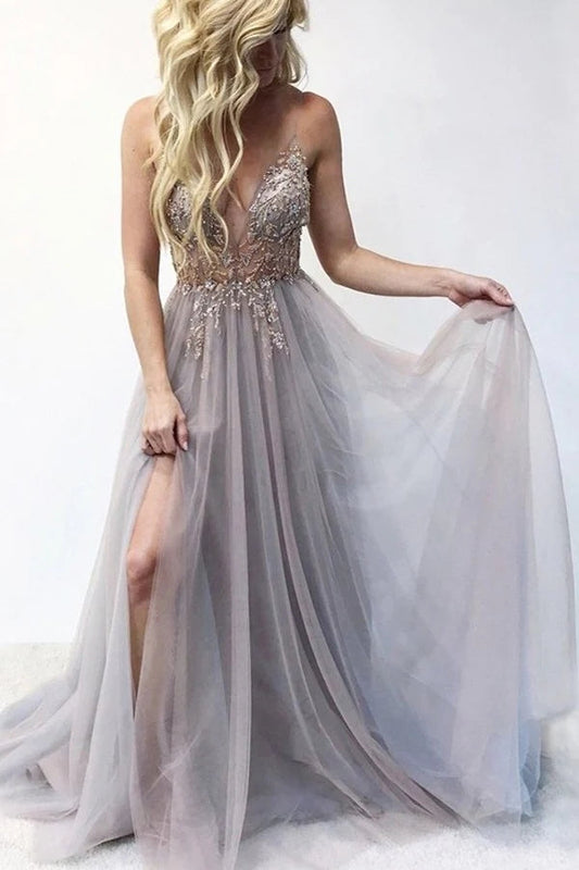 A-line Spaghetti Straps Beaded Prom Dresses With Slit,WP054