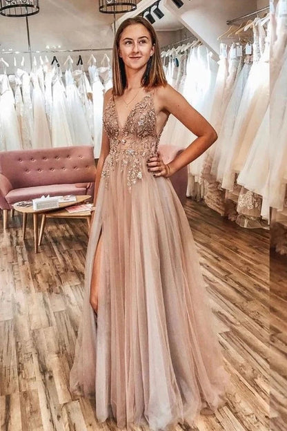 A-line Spaghetti Straps Beaded Prom Dresses With Slit,WP054
