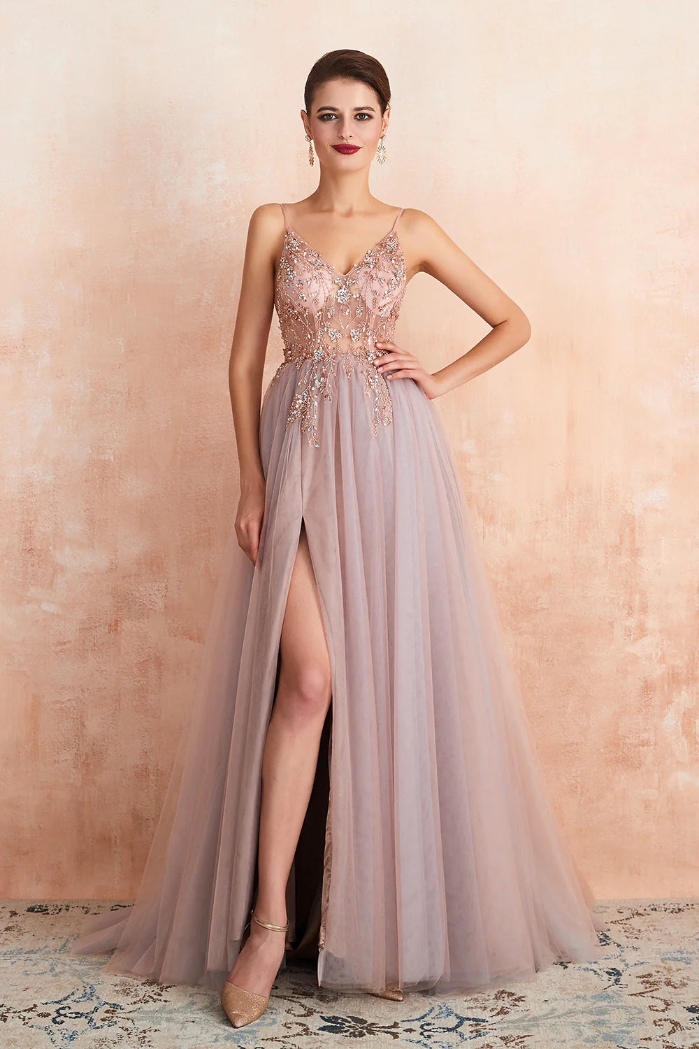 A-line Spaghetti Straps Beaded Prom Dresses With Slit,WP054