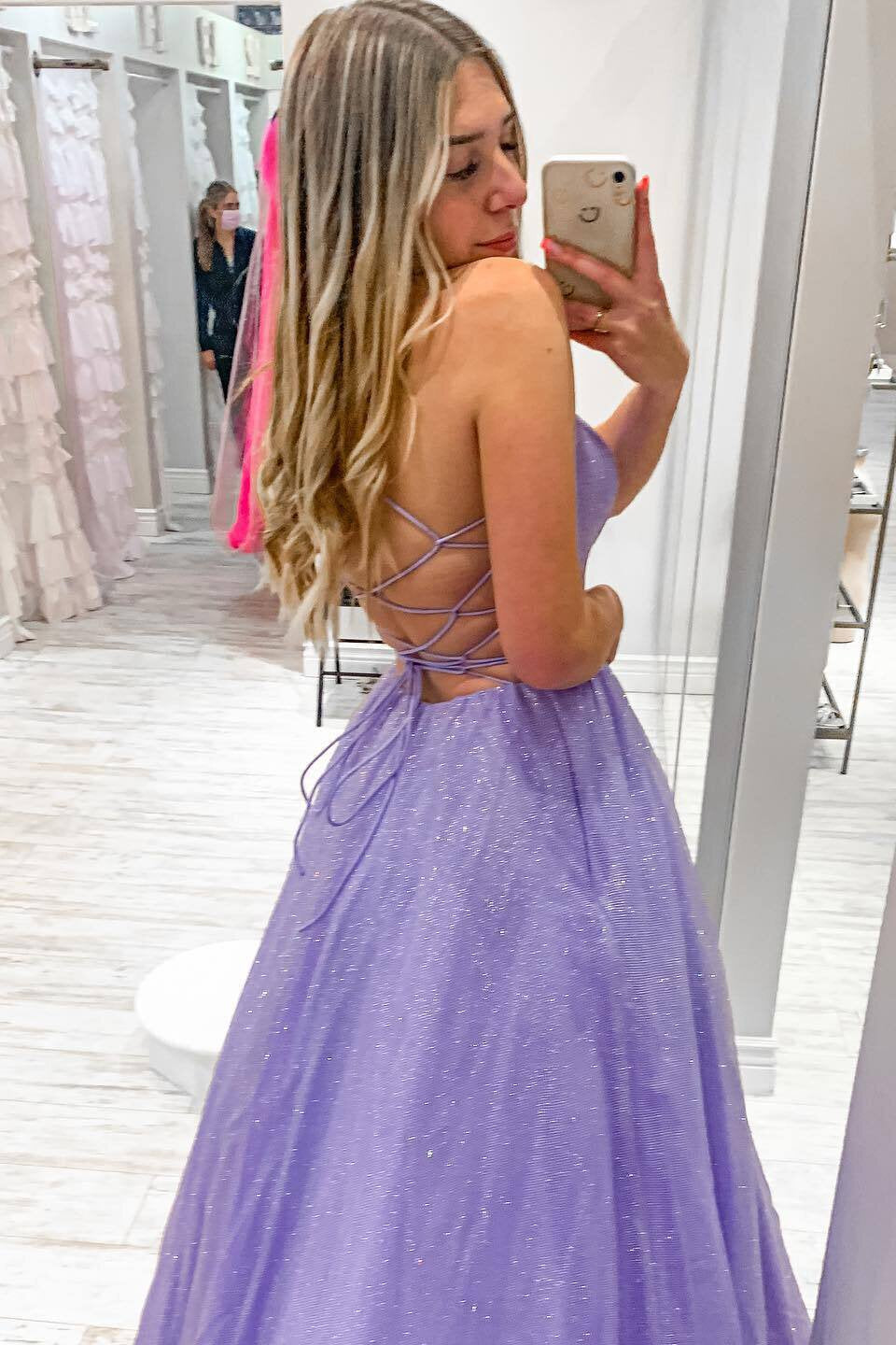 A-line Sparkly Lavender Tulle Long Prom Dress, Backless Formal Gown GP624