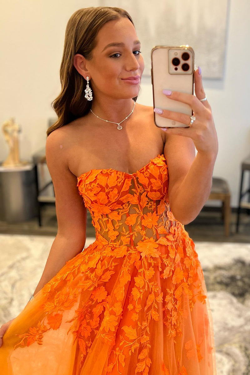 A-line Strapless Orange Lace Appliques Long Formal Gown, Senior Prom Dress GP380