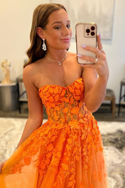 A-line Strapless Orange Lace Appliques Long Formal Gown, Senior Prom Dress GP380