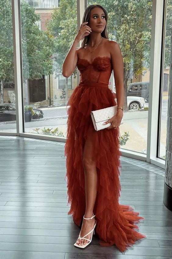 Sweetheart Tiered Tulle Long Prom Dress with Lace, Long Slit Evening Gown GP256
