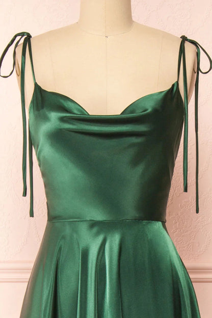 A-line Tie Shoulder Long Prom Dress,Satin Bridesmaid Dress,WB016