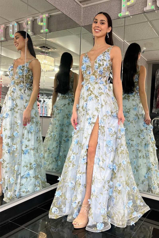 A-line V-neck Light Blue 3D Floral Lace Long Prom Dress with Slit GP474