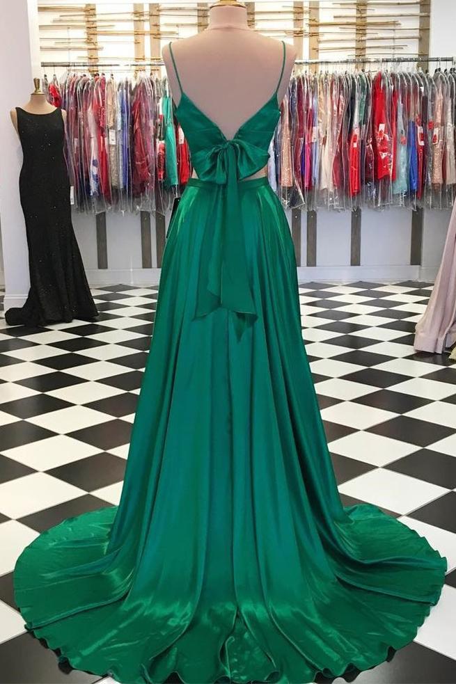 A-line Spaghetti Straps Green Prom Dress Two Piece With Bowknot Back Gown MP719
