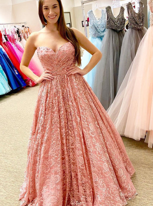 Sweetheart Lace Coral Long Prom Dress, A-line Strapless Pageant Gown MP733