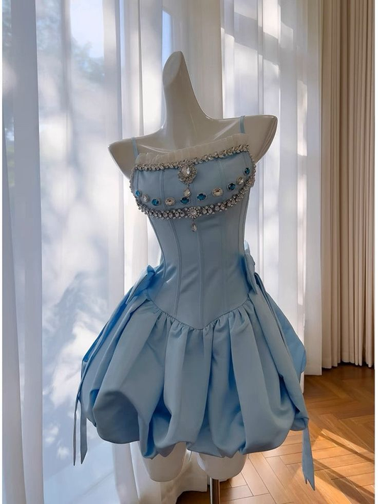 Classy Spaghetti Straps Blue Short Homecoming Dresses A Line Cocktail Dress  S642