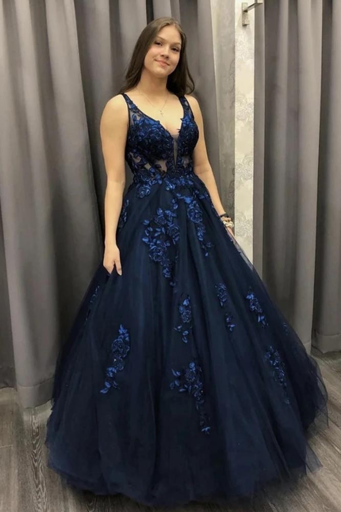 Ball Gown V Neck Dark Blue Long Prom Dress, Lace Applique Tulle Formal Dress MP1206