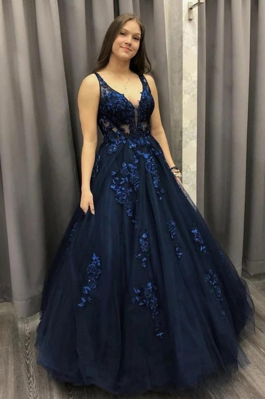 Ball Gown V Neck Dark Blue Long Prom Dress, Lace Applique Tulle Formal Dress MP1206