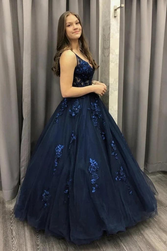 Ball Gown V Neck Dark Blue Long Prom Dress, Lace Applique Tulle Formal Dress MP1206