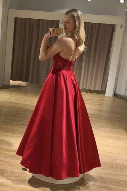 Straps Lace Top Red Long Prom Dress, Satin Graduation Evening Dress MP1202