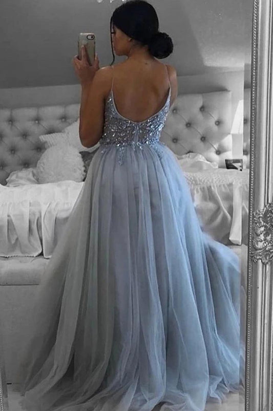 A Line V Neck Beaded Grey Long Prom Dress, Grey Evening Dress With Slit MP1204