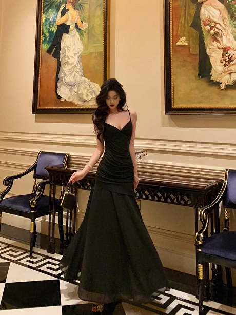 Elegante vestido de fiesta de sirena de gasa negra sin mangas para cumpleaños número 21, ideas para vestidos de cumpleaños para mujeres (DP1288)