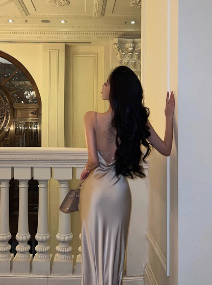 Vestido de fiesta de sirena con tirantes finos color champán para 18 cumpleaños, ideas para vestidos de cumpleaños para mujeres (DP2325)