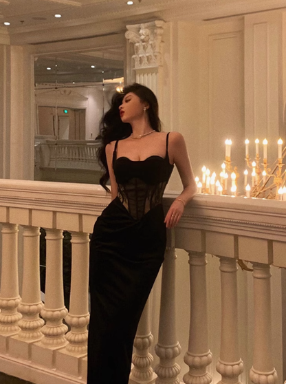 Vestido negro sexy de sirena con tirantes finos para cumpleaños número 18, ideas para vestidos de cumpleaños para mujeres (DP2321)