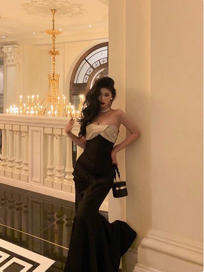 Elegante vestido de fiesta de sirena con escote corazón de satén negro para cumpleaños número 23, ideas para vestidos de cumpleaños para mujeres (DP1488)