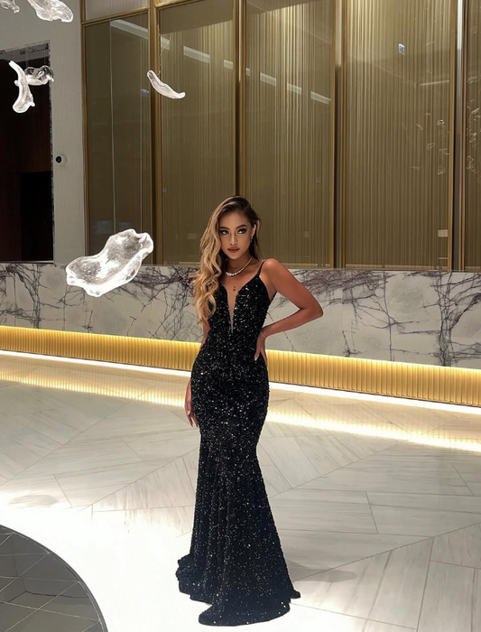 Unique Mermaid Black Sequin Long Prom Dress Maxi Dresses