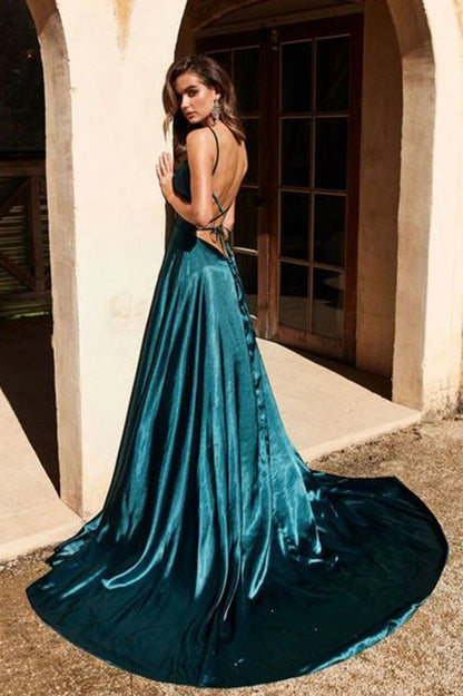 A-line Green Satin Long Prom Dress Split Evening Dress,WP023