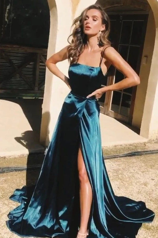 A-line Green Satin Long Prom Dress Split Evening Dress,WP023