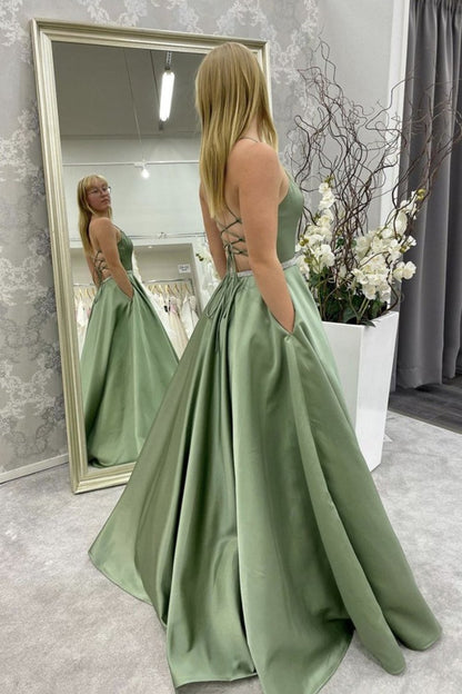 A Line Backless Green Satin Long Prom Dress, Pockets Evening Gown With Beading GP185