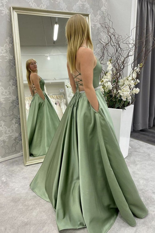 A Line Backless Green Satin Long Prom Dress, Pockets Evening Gown With Beading GP185