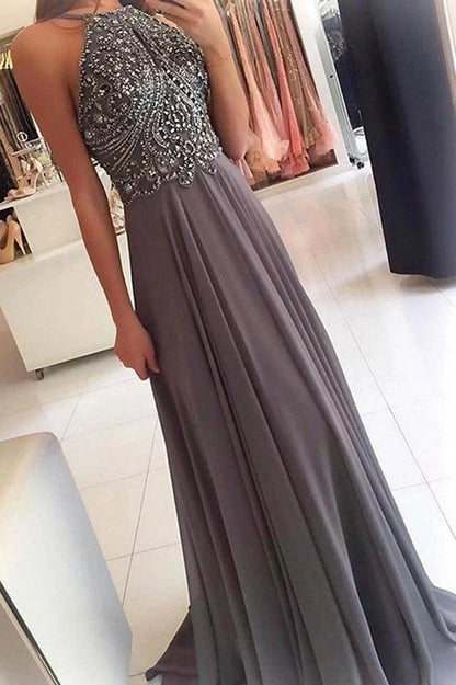 A Line Gray Chiffon Halter Long Prom Dress With Beading,WP034