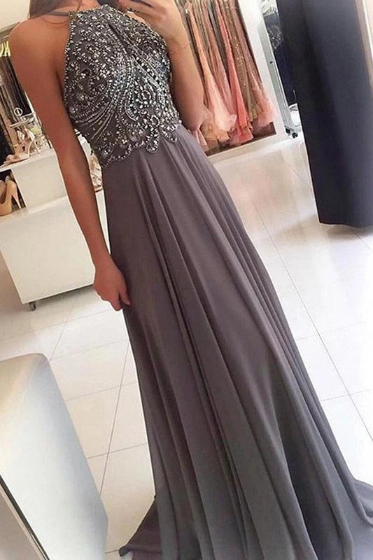 A Line Gray Chiffon Halter Long Prom Dress With Beading,WP034