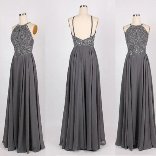 A Line Gray Chiffon Halter Long Prom Dress With Beading,WP034