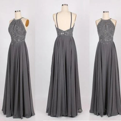 A Line Gray Chiffon Halter Long Prom Dress With Beading,WP034
