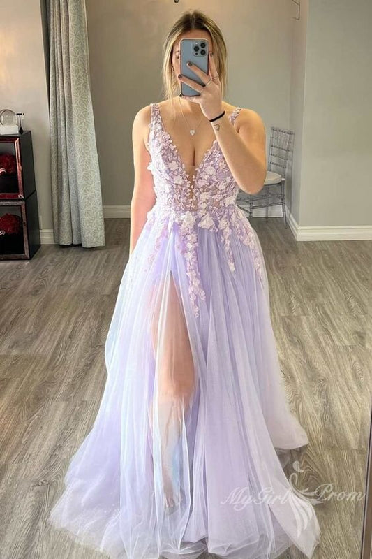 A Line Long V Neck Tulle Prom Dresses, Slit Evening Party Dresses GP457