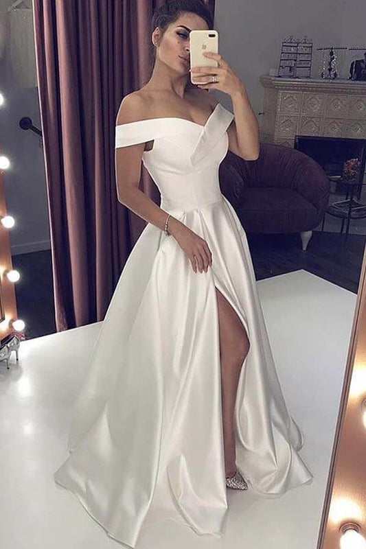 A Line Off The Shoulder Satin Prom Dress Split Evening Dress,WP025