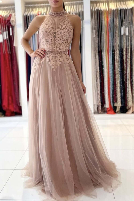 Vestido de fiesta largo de encaje rosa con corte A y cinturón, elegante vestido de noche formal para graduación.