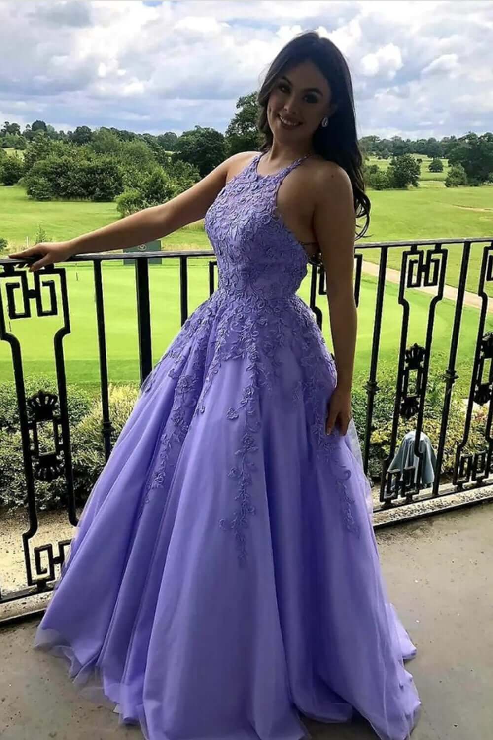 Vestido de fiesta largo de encaje morado con corte A, vestido de noche formal de encaje morado para graduación.