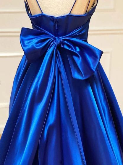 A Line Royal Blue Satin Spaghetti Straps Prom Dress With Bowknot,WP337
