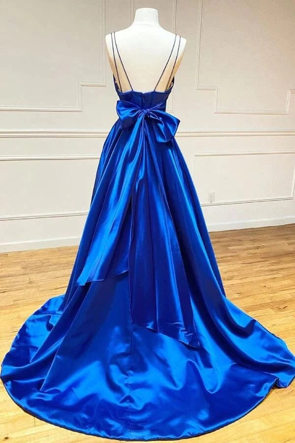 A Line Royal Blue Satin Spaghetti Straps Prom Dress With Bowknot,WP337
