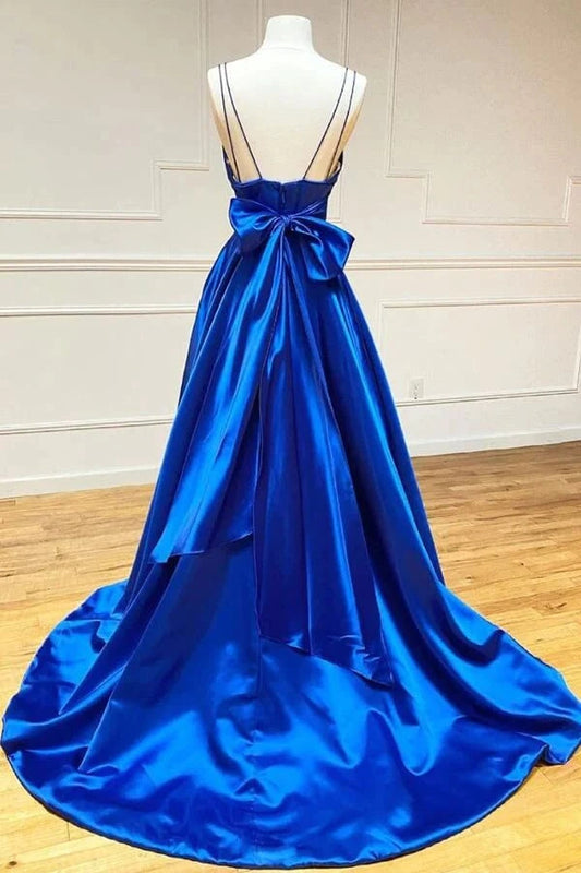 A Line Royal Blue Satin Spaghetti Straps Prom Dress With Bowknot,WP337