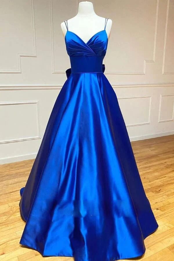 A Line Royal Blue Satin Spaghetti Straps Prom Dress With Bowknot,WP337