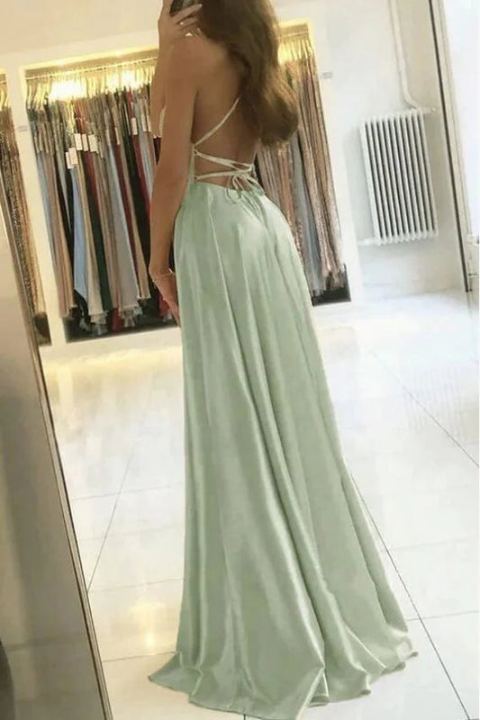 A Line Sage Satin Long Prom Dress,Evening Dress,WP394