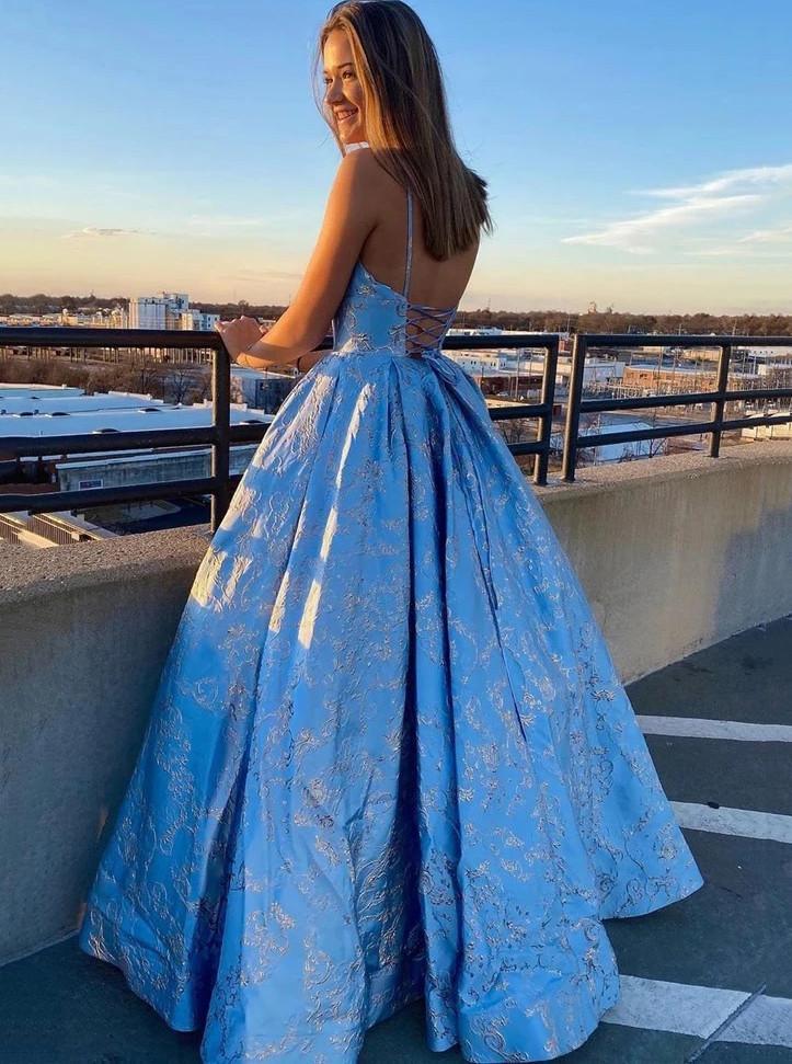 A Line Spaghetti Straps Satin Blue Prom Dress With Appliques,WP331