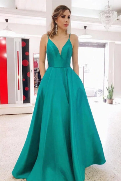 A Line Teal Satin Long Prom Dress With Pocket,WP336