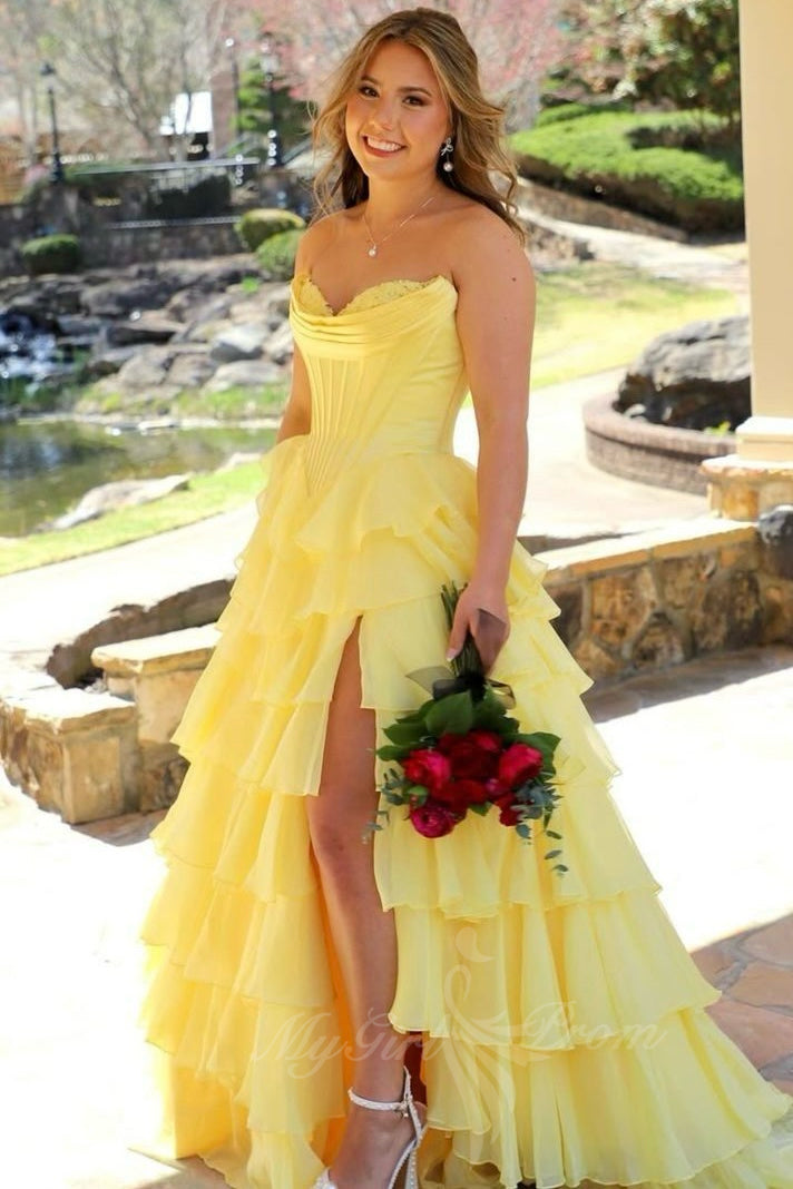 Hot Pink A Line Sweetheart Chiffon Corset Tiered Long Prom Dress GP798