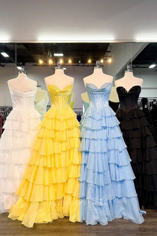 Hot Pink A Line Sweetheart Chiffon Corset Tiered Long Prom Dress GP798