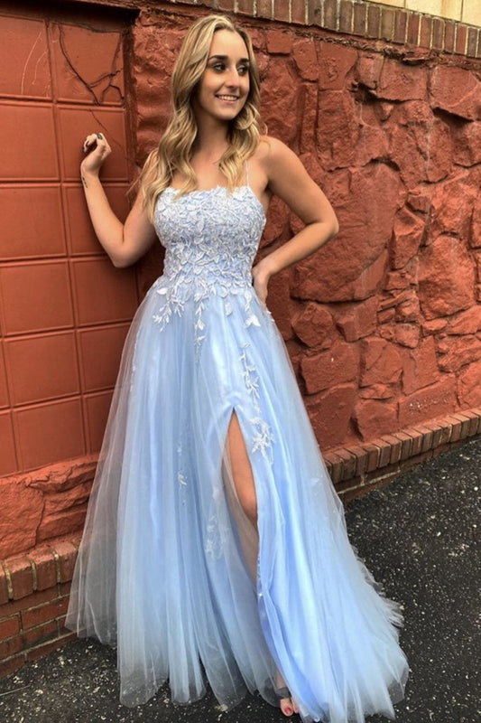 Vestido de fiesta largo de tul con encaje azul claro y tirantes finos en forma de A con abertura, vestido de noche