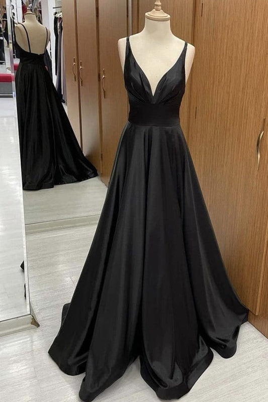 Vestidos de fiesta negros largos con escote en V y espalda descubierta, vestidos formales negros con escote en V y vestidos de noche negros sin espalda.