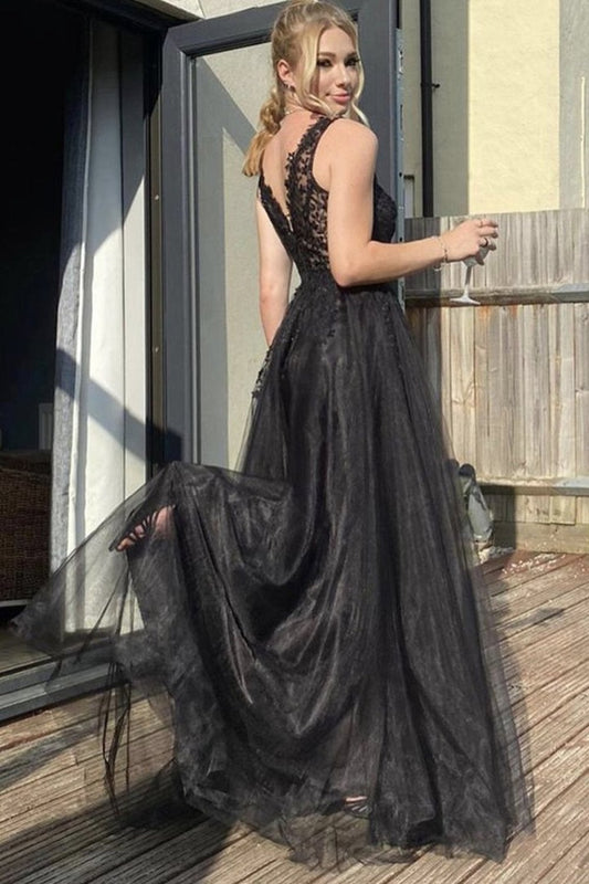 Vestido de fiesta largo de tul negro con escote en V y corte A para noche formal
