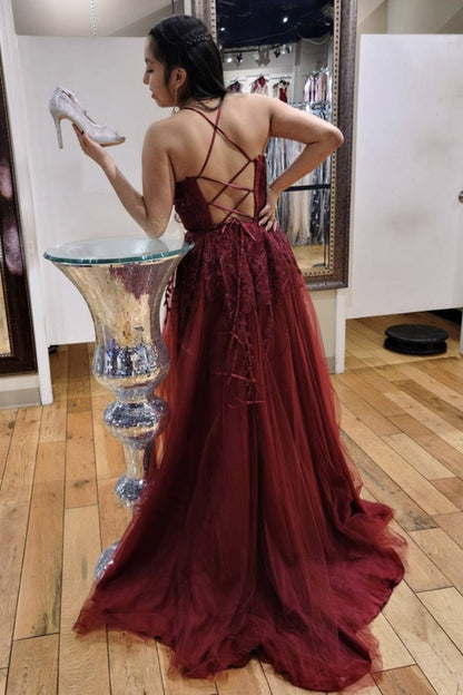 A Line V Neck Burgundy Lace Long Prom Dress, Burgundy Lace Evening Dress GP415