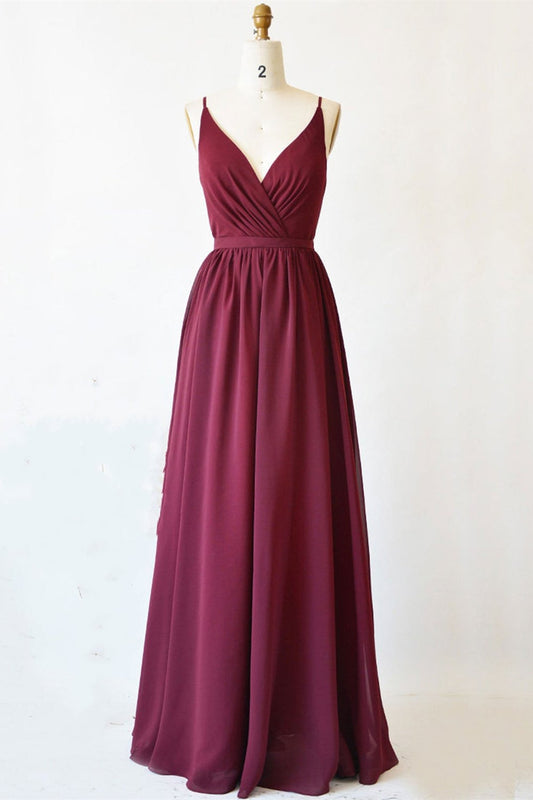 Vestido de fiesta largo burdeos con escote en V y espalda de encaje, vestido de noche formal burdeos con escote en V, vestido de dama de honor burdeos